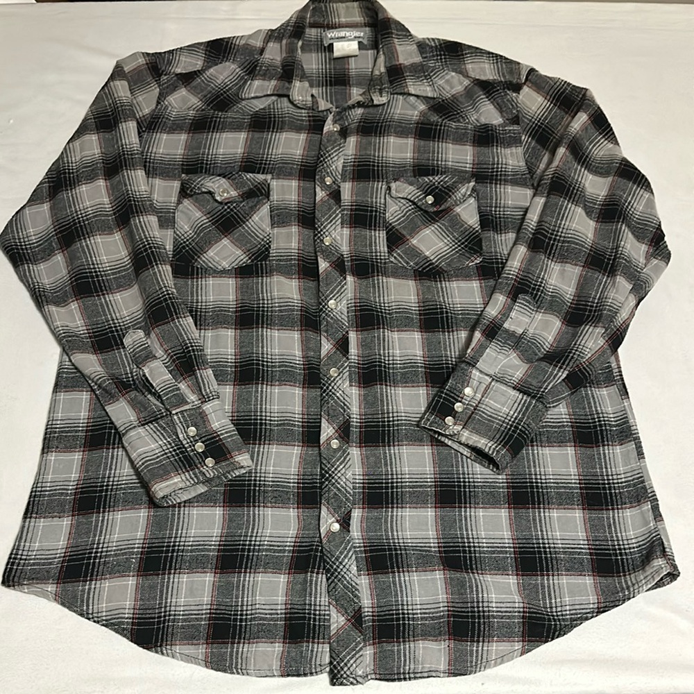 Wrangler Wrancher Shirts Gray Plaid Pearl Snap Flannel Button Down Shirt XL
